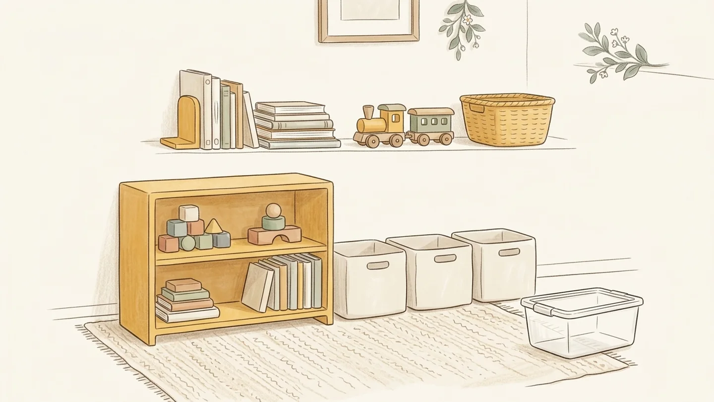 A low wooden bookcase with toys and books, fabric bins, a clear storage box on a rug, and a floating shelf holding books, a toy train, and a basket.