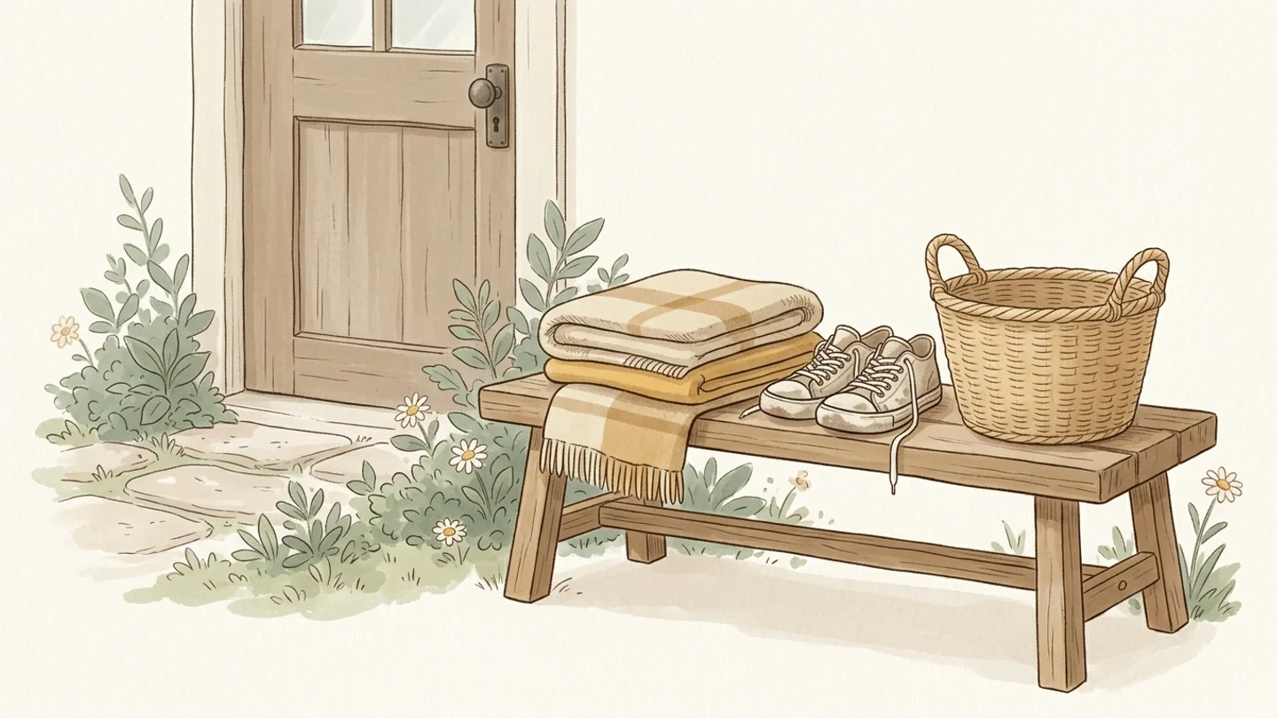 A wooden bench outside a door holding folded blankets, a pair of sneakers, and a woven basket.