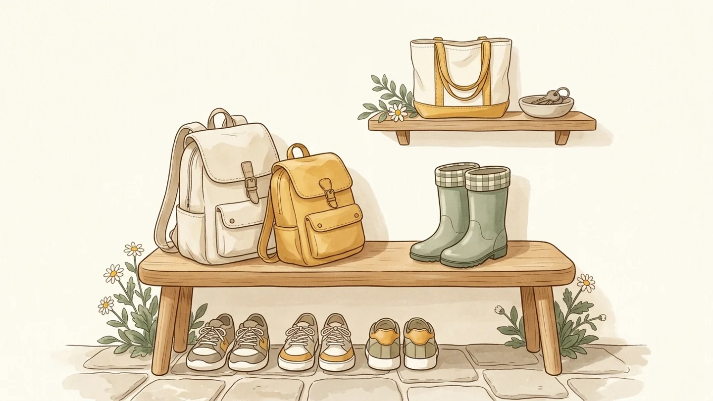An illustration of an entryway bench holding two backpacks and green boots, shoes lined up underneath, and a shelf above with a tote bag and key bowl.
