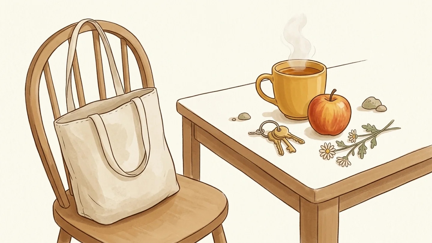 A tote bag hanging on a wooden chair beside a table with keys, a steaming mug, an apple, and flowers.