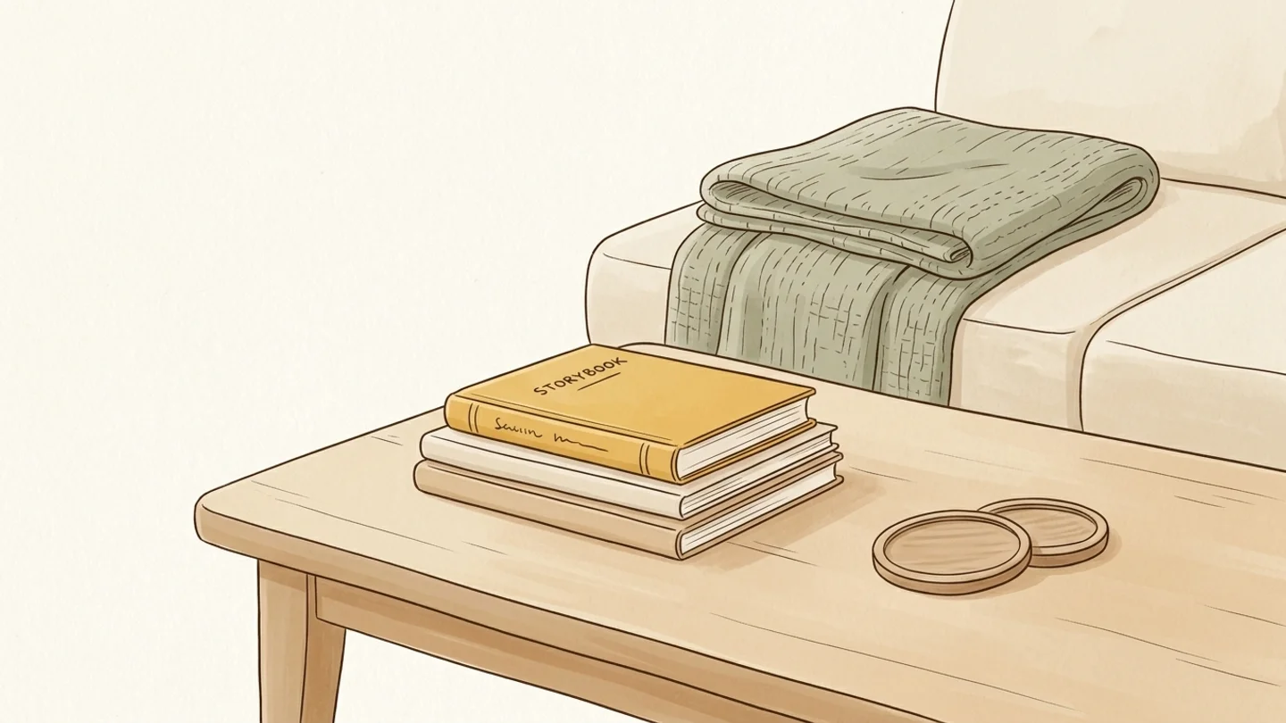 An illustration of a wooden coffee table with a stack of three books and two coasters, set next to a sofa with a folded throw blanket.