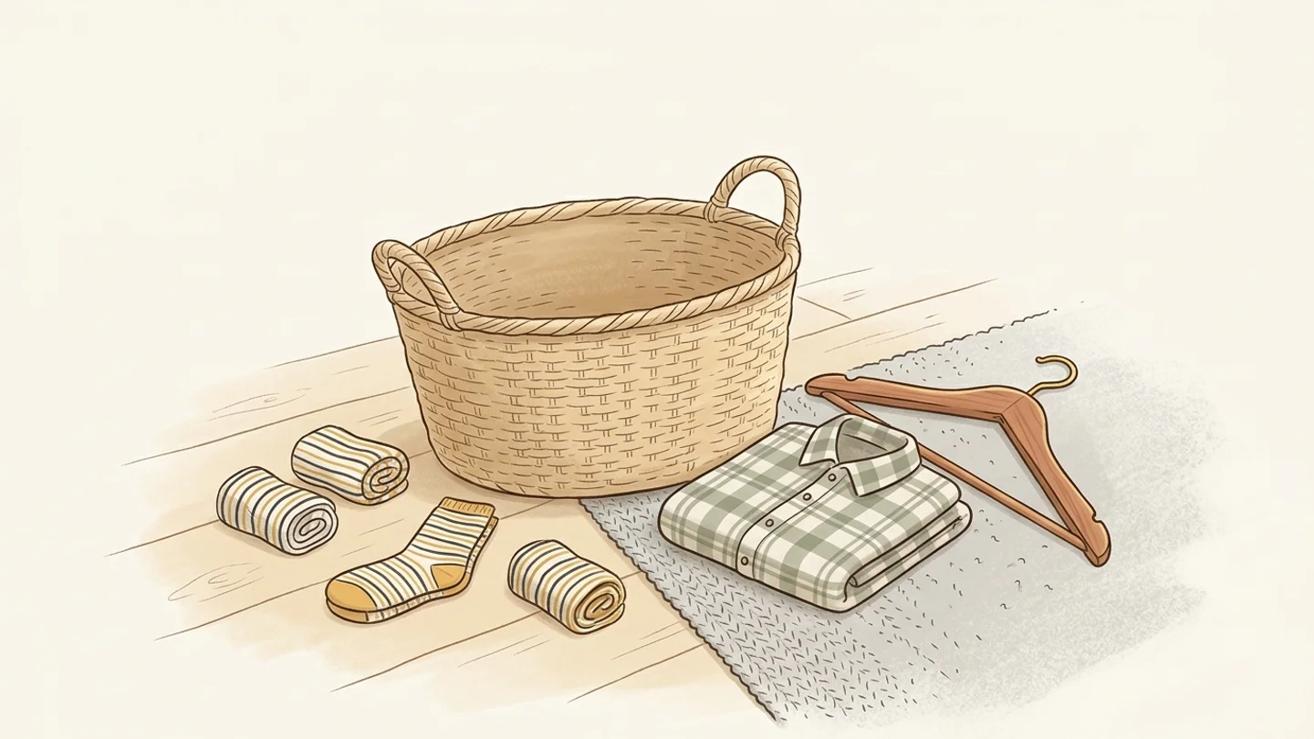 An empty woven laundry basket, rolled and flat striped socks, a folded plaid shirt, and a wooden hanger resting on a mat and wood floor.