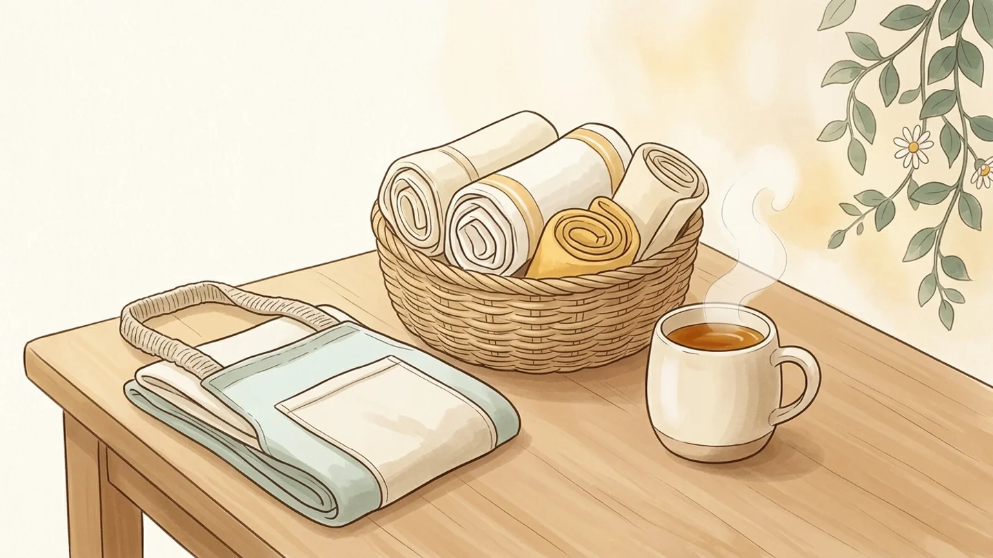 A wooden table holding a folded apron, a woven basket filled with rolled towels, and a steaming mug of tea.