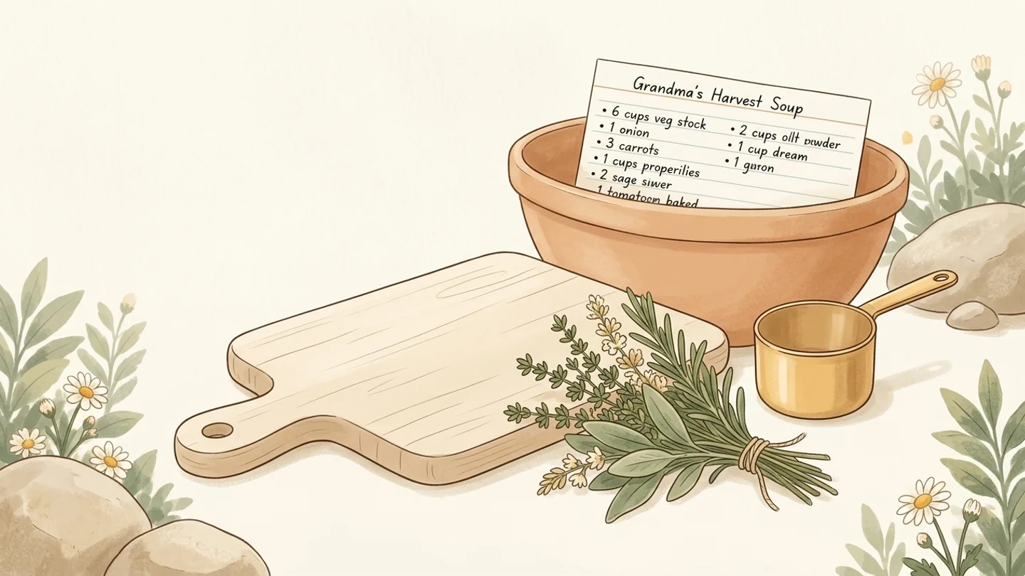 An illustration of a wooden cutting board, a bundle of fresh herbs, a ceramic bowl holding a handwritten recipe card, and a measuring cup surrounded by subtle greenery and flowers.
