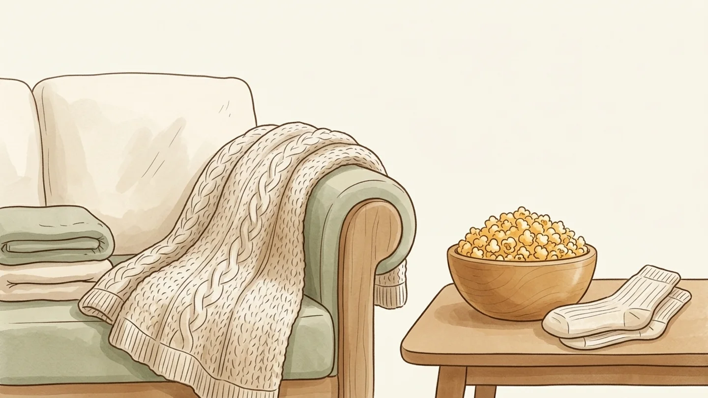 An illustration of an armchair draped with a knit blanket and folded throws, beside a small side table holding a bowl of popcorn and a pair of socks.