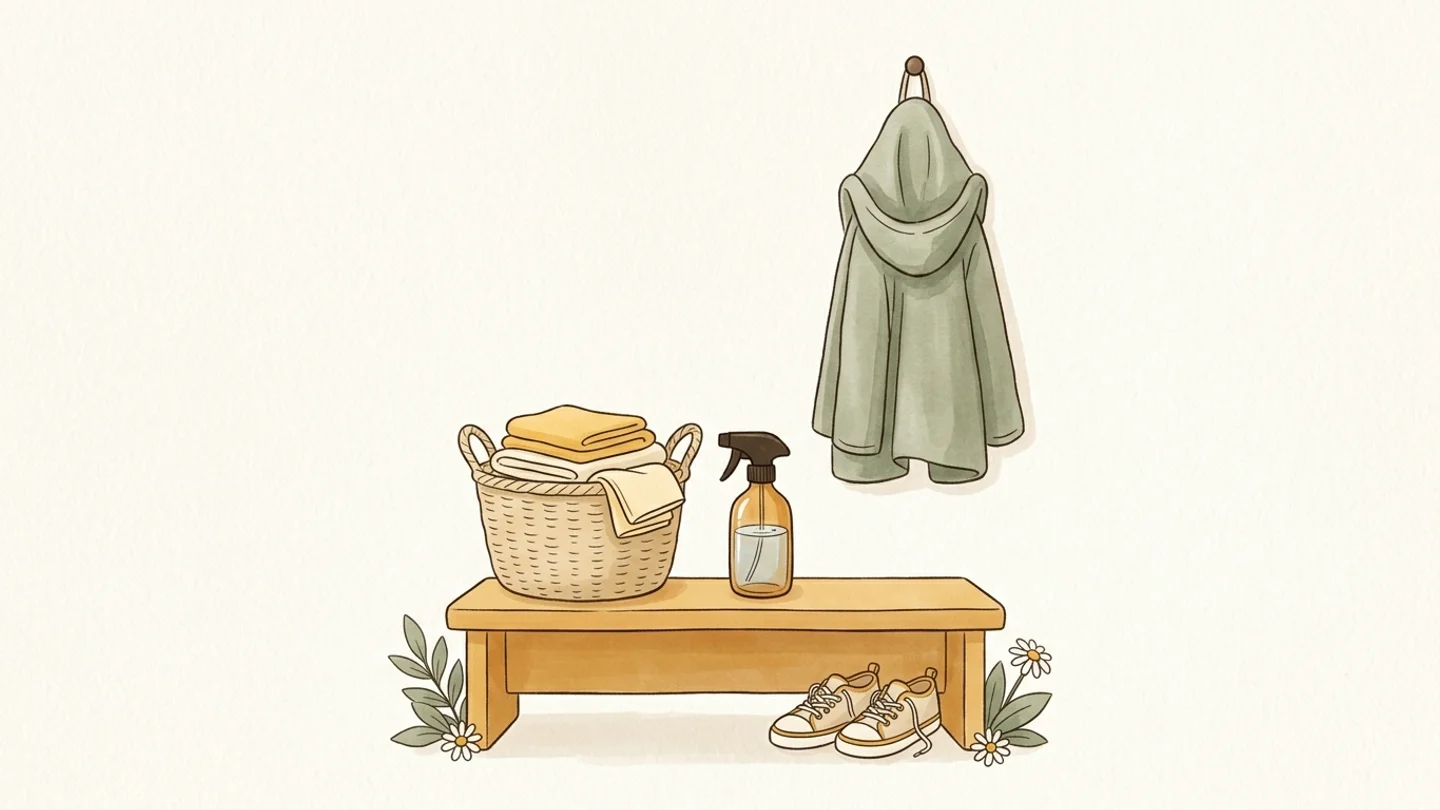 A low wooden bench holding a woven laundry basket of folded towels and a spray bottle, with sneakers beneath and a jacket hanging on the wall above.
