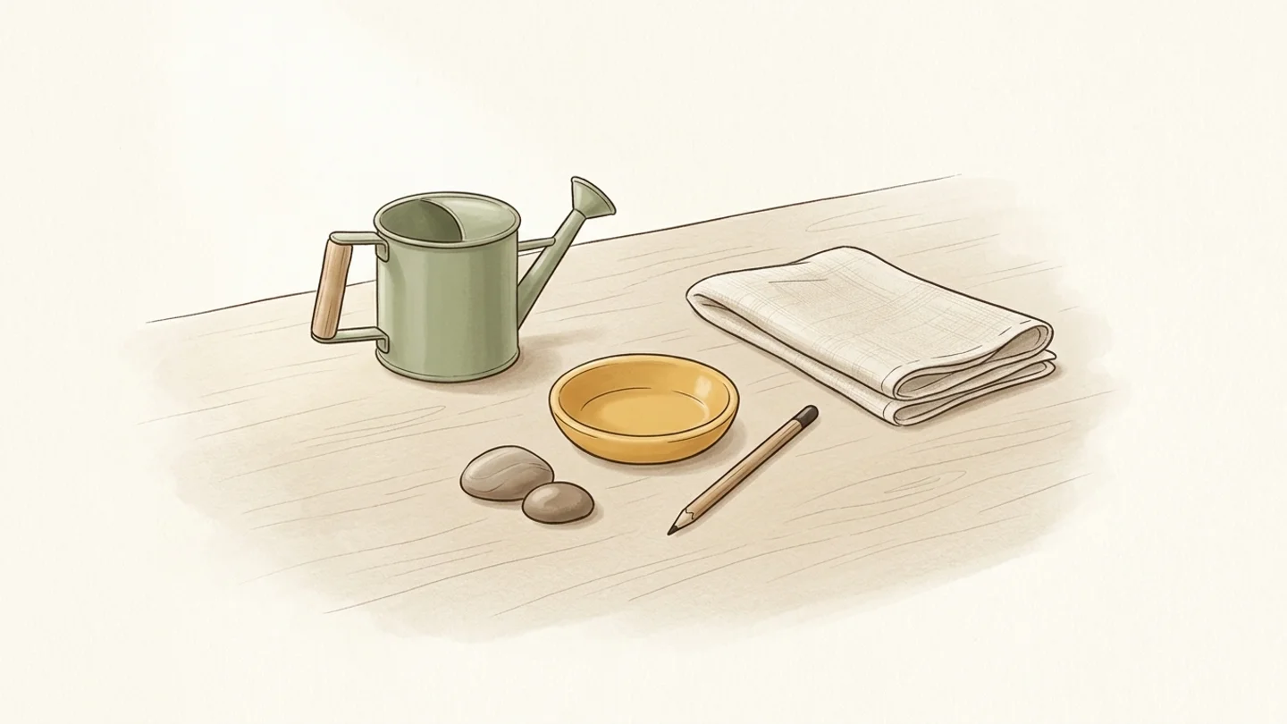 A small watering can, folded cloth, shallow yellow bowl, two pebbles, and a pencil on a wooden surface.