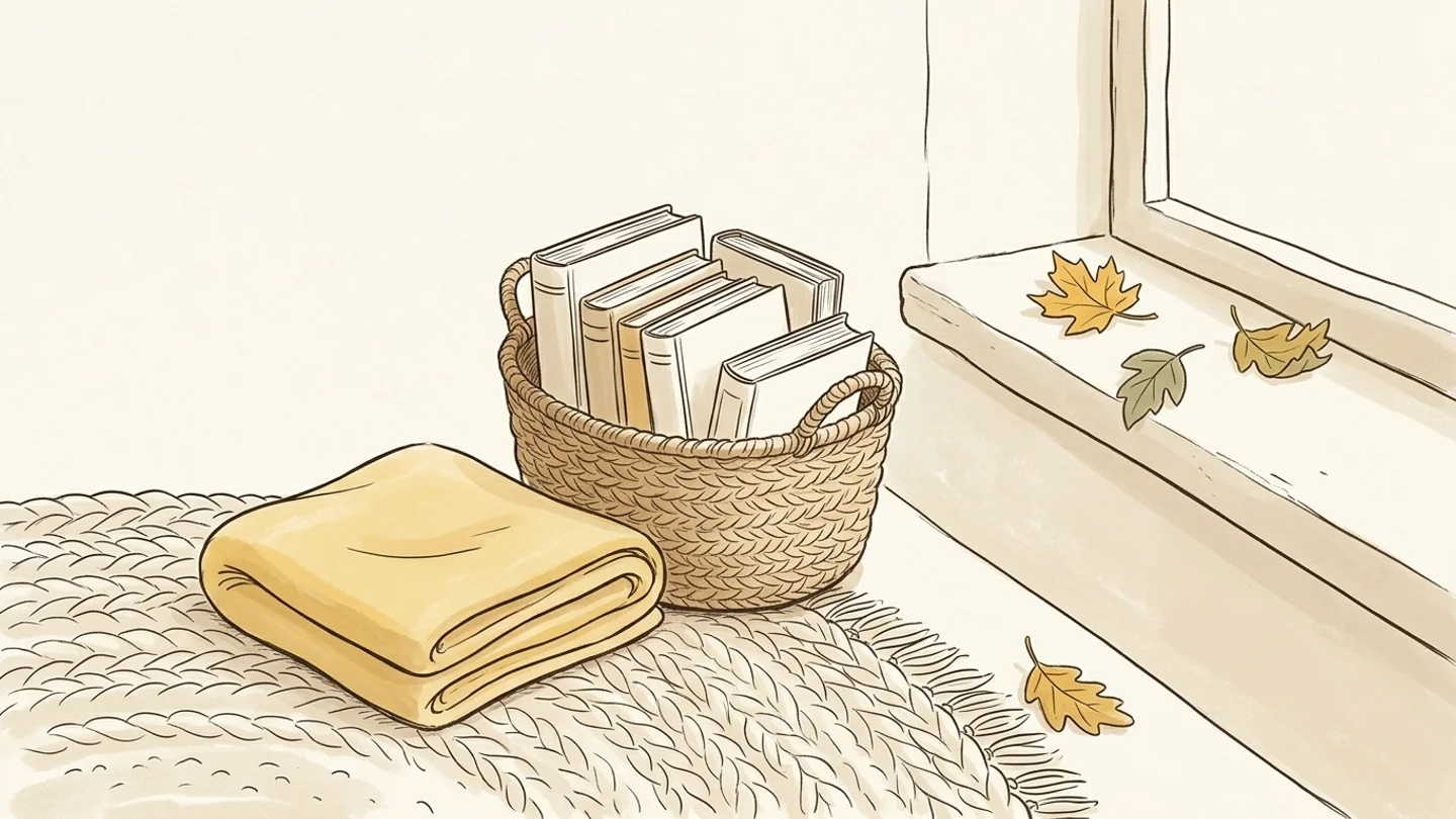 A woven basket filled with books sitting next to a folded yellow blanket on a knit rug beside a windowsill with autumn leaves.