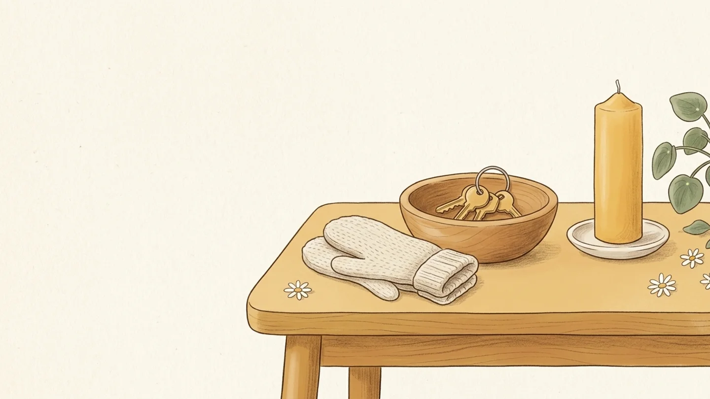 A wooden table surface with a pair of knitted mittens, a small wooden bowl holding keys, an unlit pillar candle on a saucer, and a potted plant.