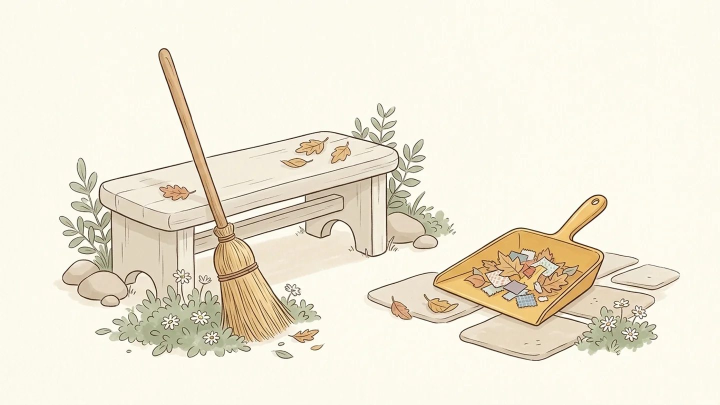 A broom resting against a wooden bench outdoors next to a dustpan filled with autumn leaves and paper scraps on stone pavers.