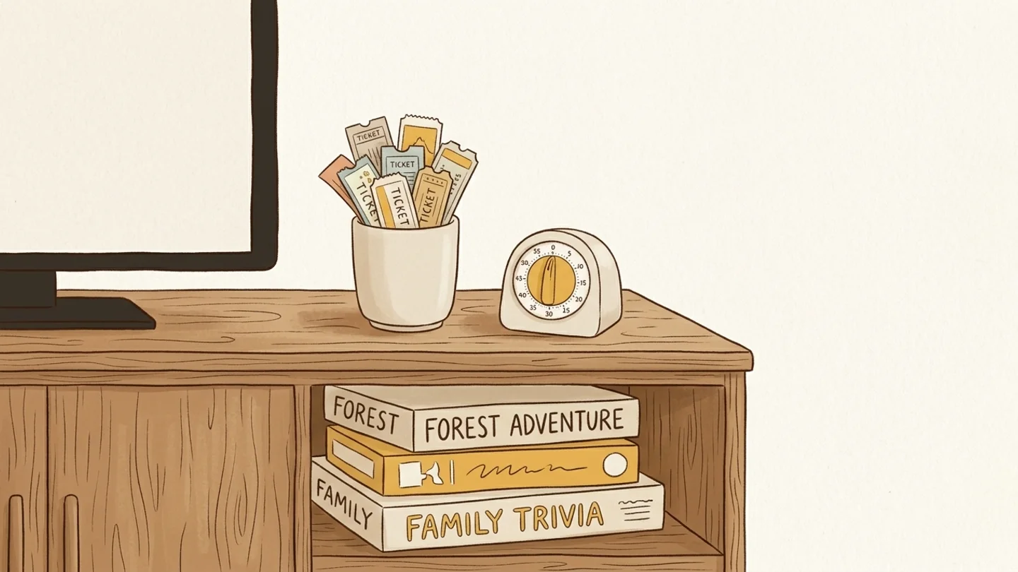 An illustration of a wooden television console with a cup of paper tickets, an analog kitchen timer, a television monitor, and board game boxes in an open shelf.