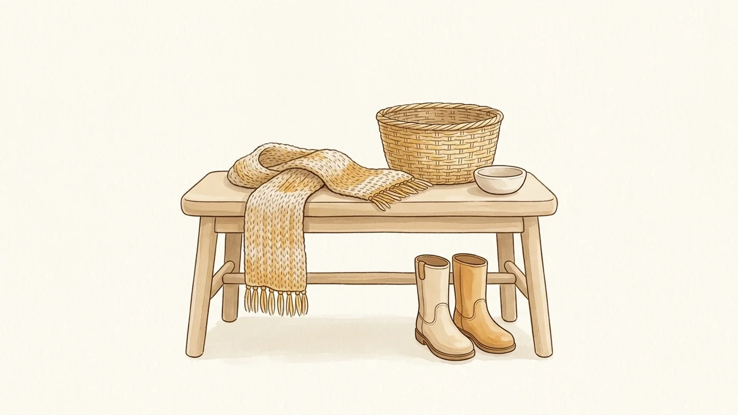 An illustration of a wooden entryway bench with a fringed knit scarf, a woven basket, and a small bowl resting on top, and a pair of boots sitting beneath.