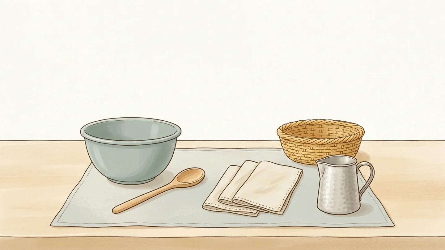 An illustration of a bowl, a wooden spoon, folded napkins, a small metal pitcher, and a woven basket set on a placemat.
