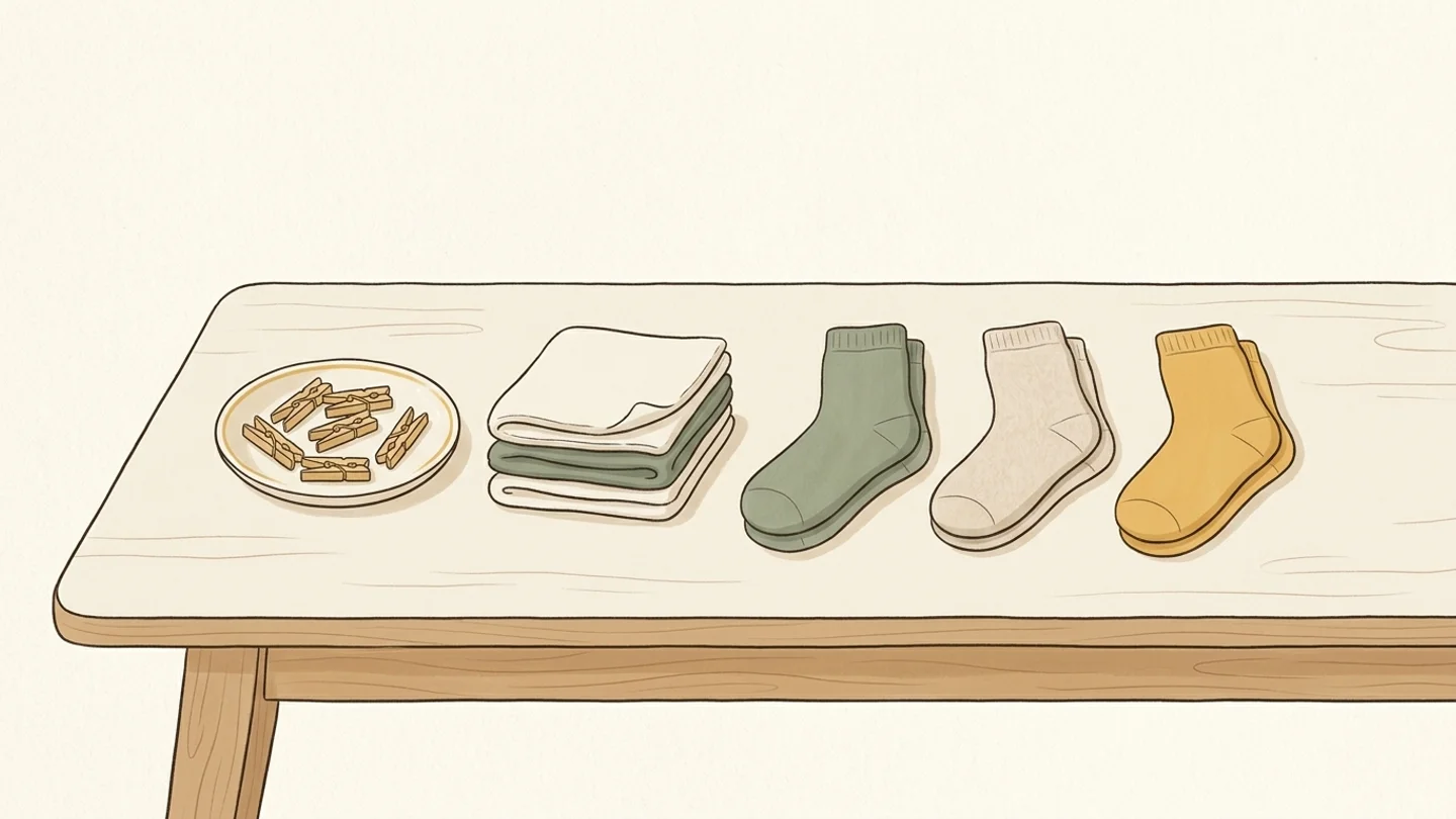 A wooden tabletop holding a small plate of wooden clothespins, folded cloths, and three pairs of socks in green, cream, and yellow.