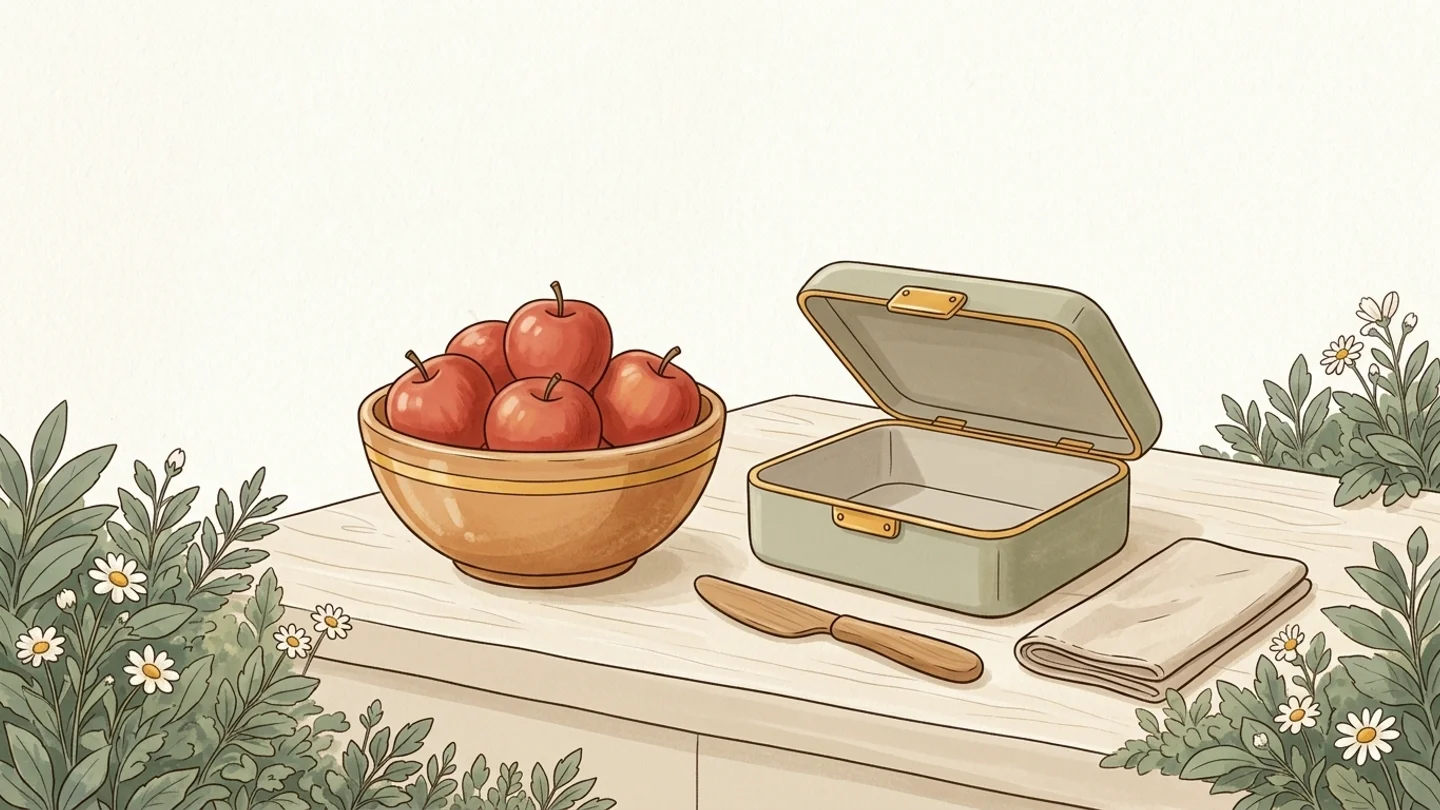 An illustration of a wooden bowl filled with red apples, an open lunchbox, a wooden knife, and a folded cloth napkin on a table surrounded by flowers.