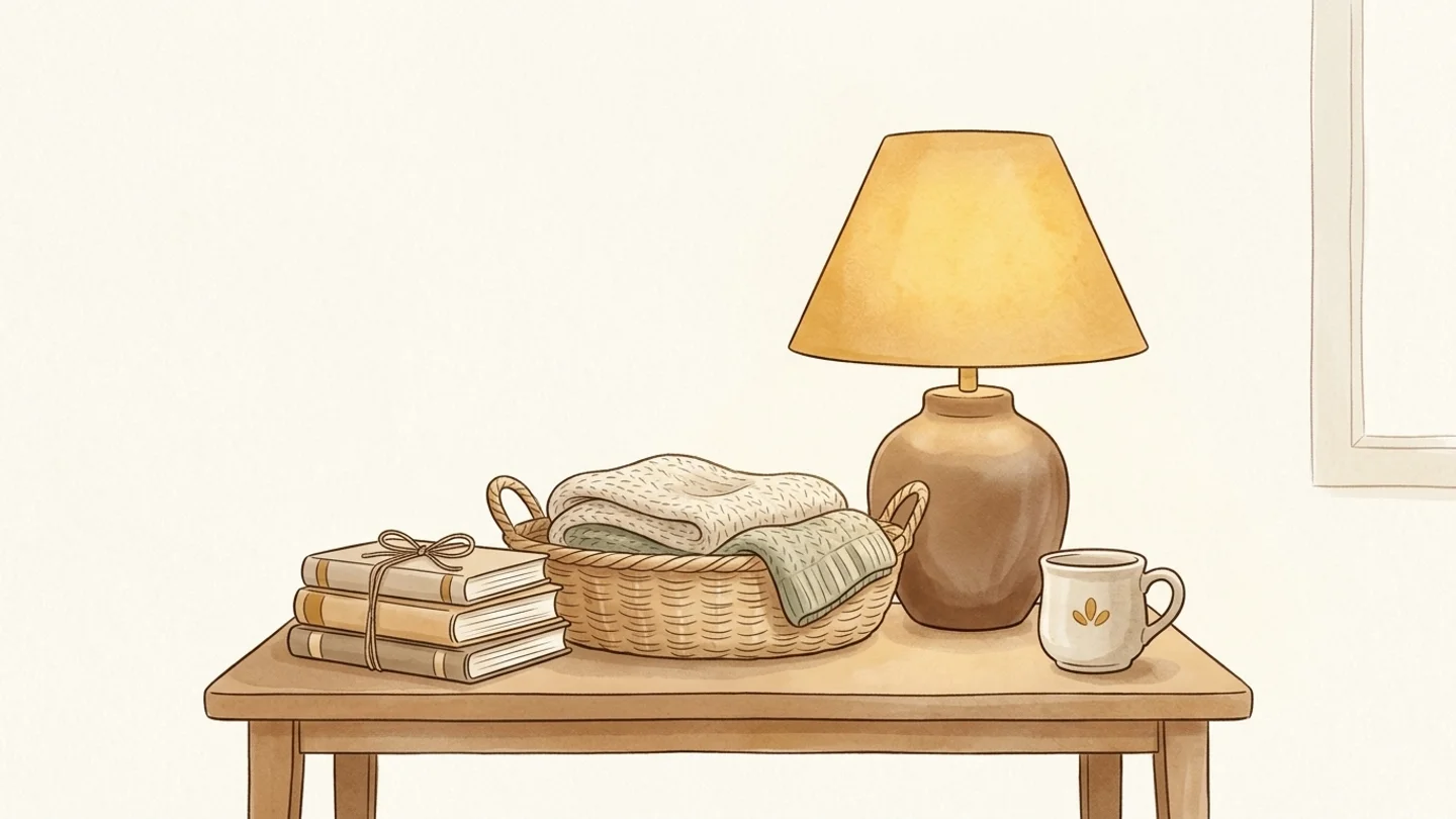 A wooden table holding a stack of books tied with string, a woven basket of folded blankets, a glowing lamp, and a small mug.