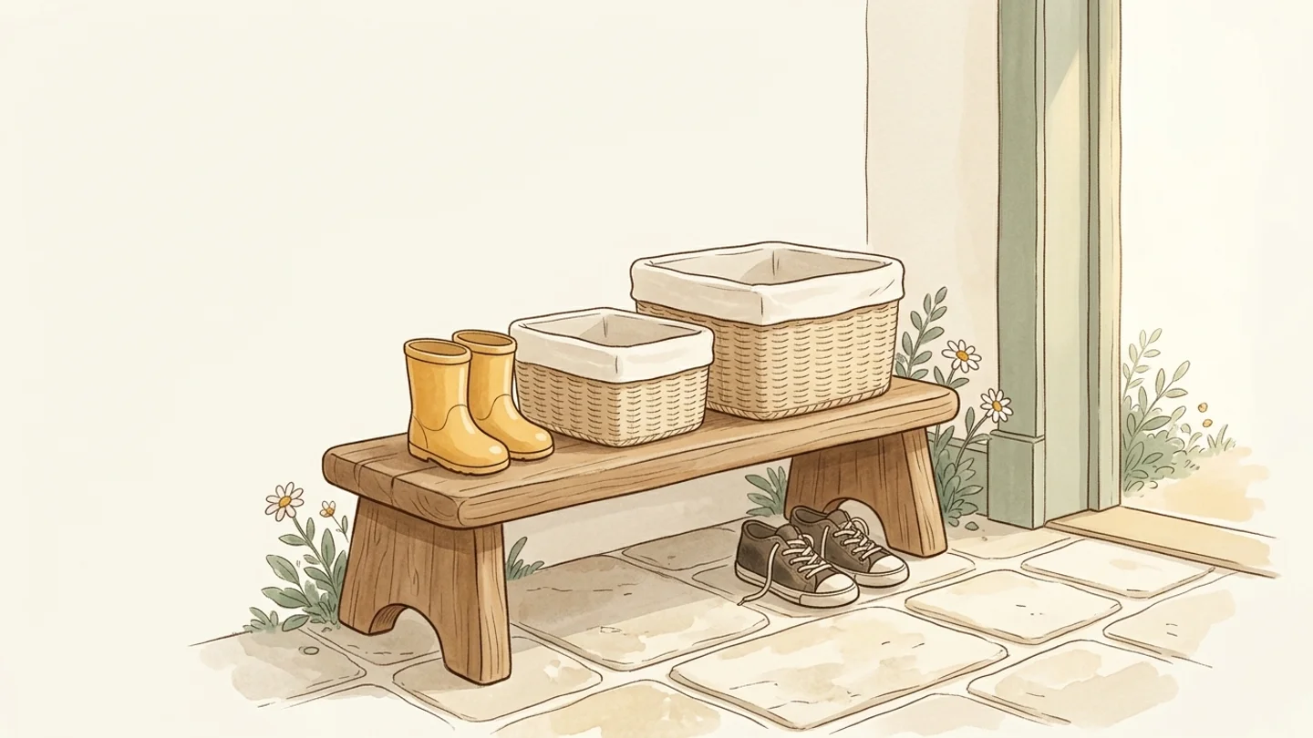 An illustration of a wooden entryway bench holding a pair of yellow boots and two wicker baskets, with a pair of sneakers on the stone floor below.