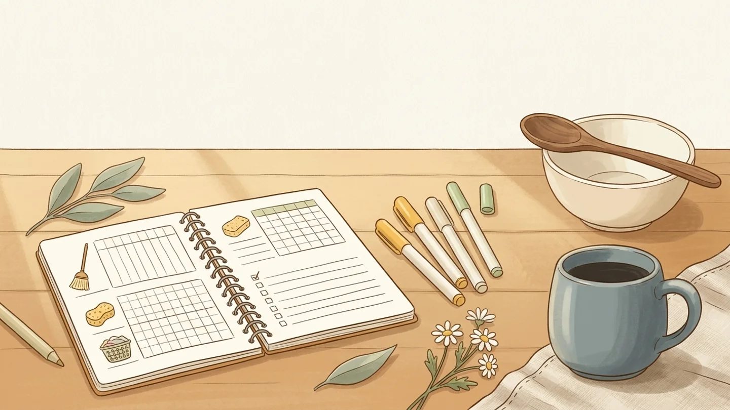An open spiral notebook with chore charts on a wooden table beside markers, a coffee mug, a bowl with a wooden spoon, and small flowers.