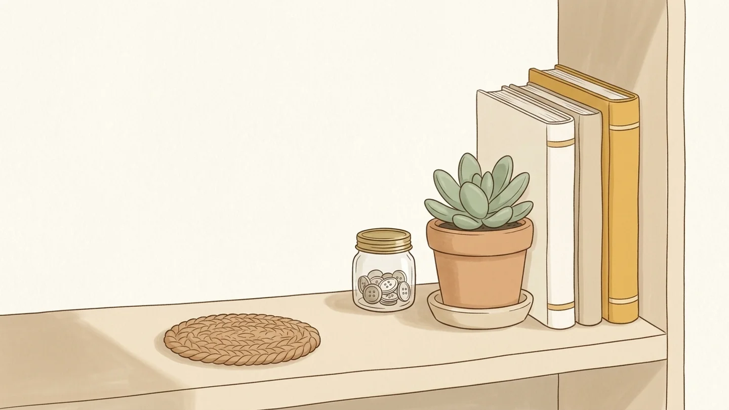 A woven coaster, jar of buttons, potted succulent, and three books resting on a shelf.