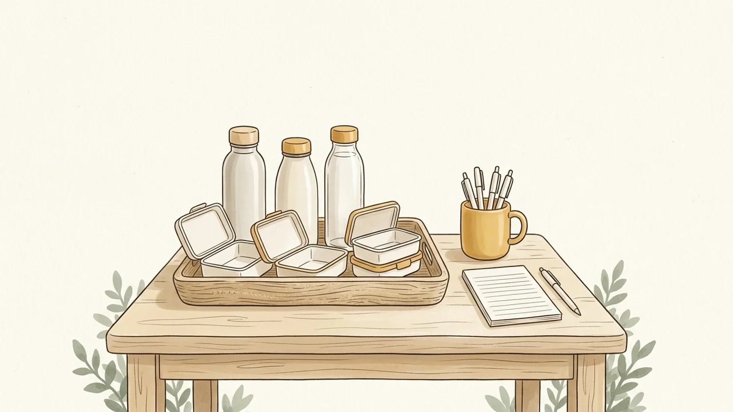 An illustration of a wooden table holding a tray with bottles and small containers, a mug filled with pens, and a notepad with a pen.