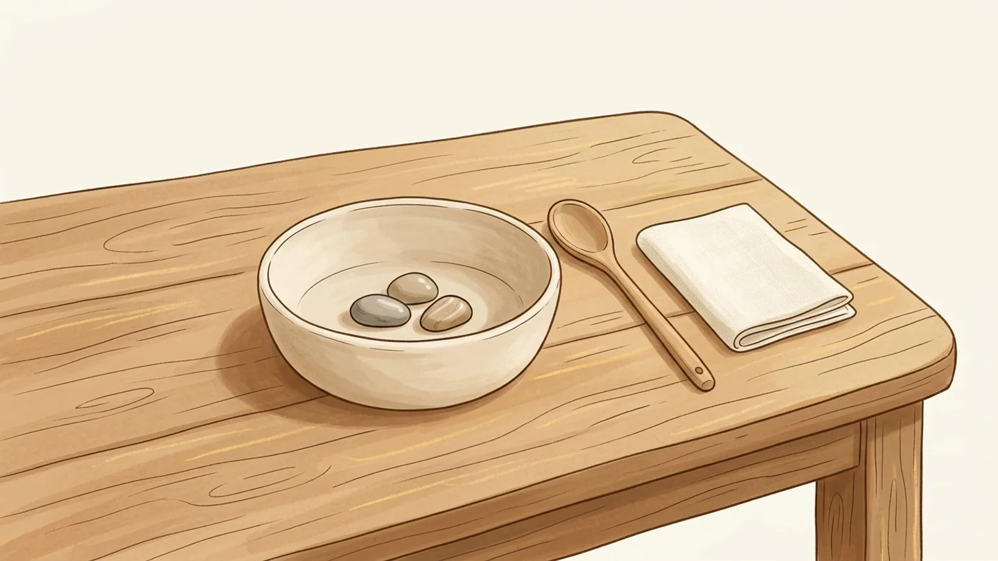 A wooden table holding a small bowl with three smooth stones inside, a wooden spoon, and a folded white cloth.