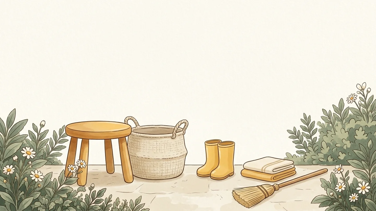 An illustration of a small wooden stool, a woven basket, yellow boots, folded towels, and a broom bordered by flowering plants.