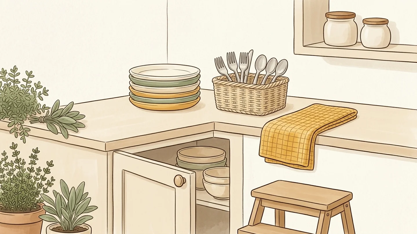 A kitchen counter with stacked plates, cutlery in a basket, a folded cloth, potted plants, an open cabinet, and a wooden step stool.