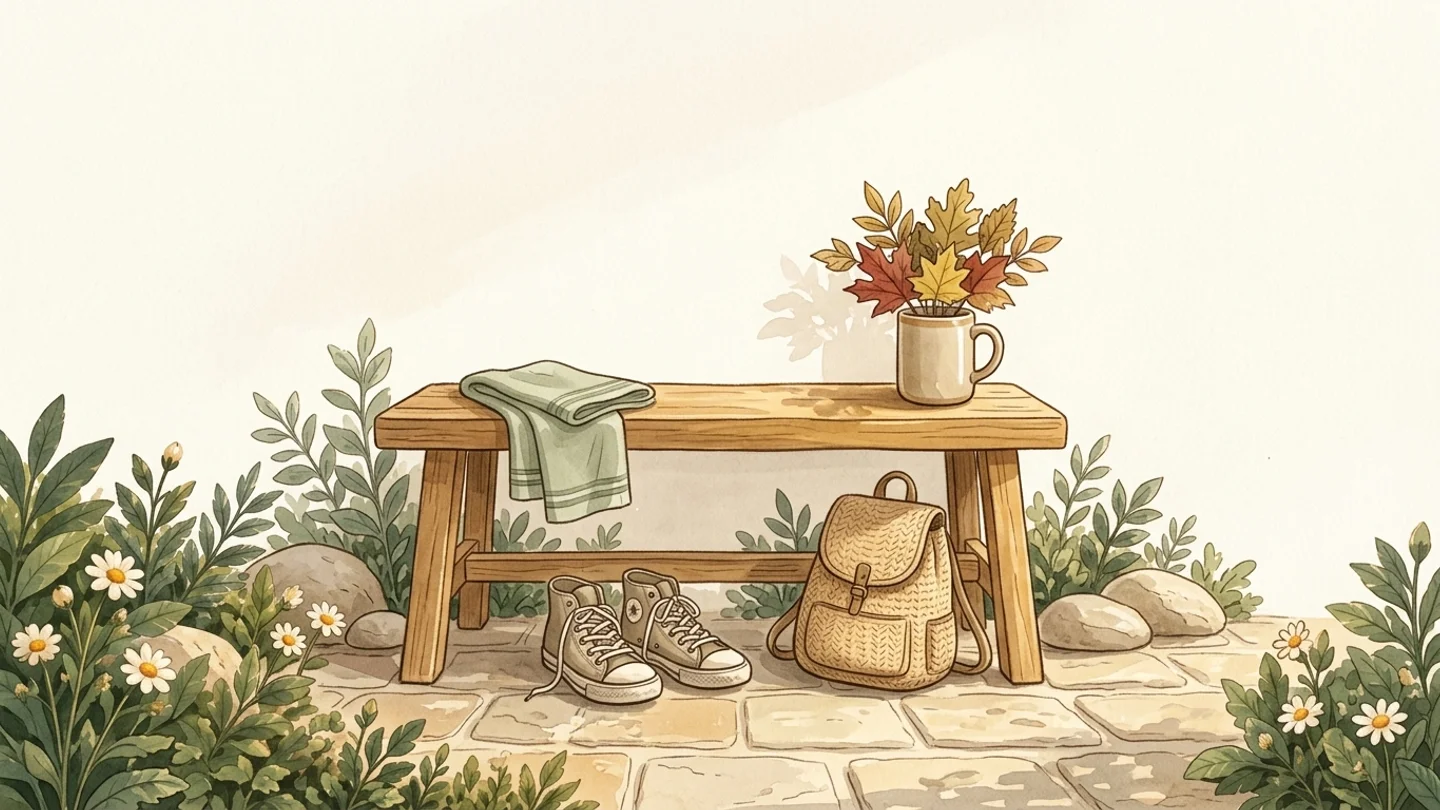 A wooden bench on stone pavers with a folded cloth, a mug holding autumn leaves, a pair of sneakers, a woven backpack, and surrounding plants.