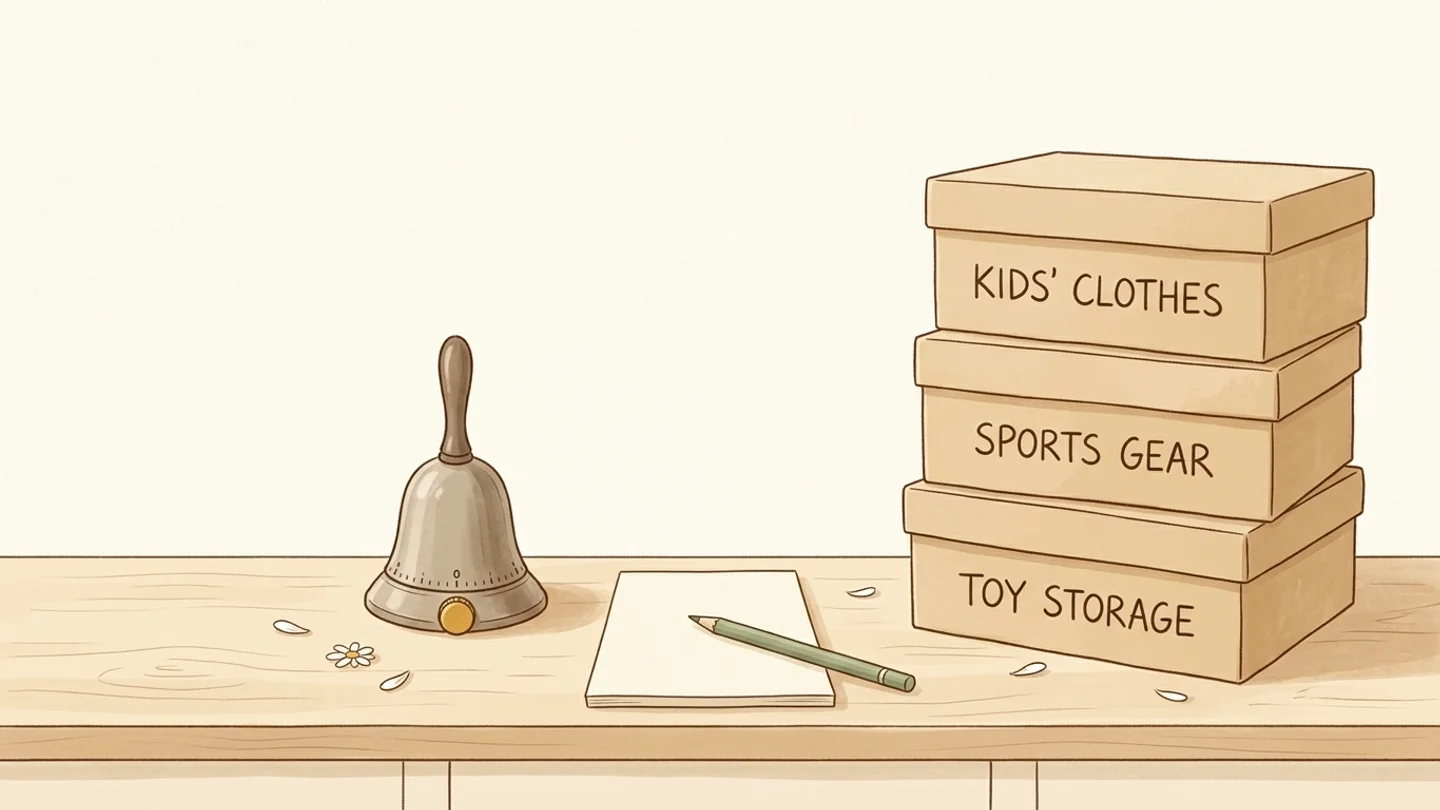 A desk surface holding a metal bell timer, a blank notepad with a pencil, and a stack of three labeled storage boxes.