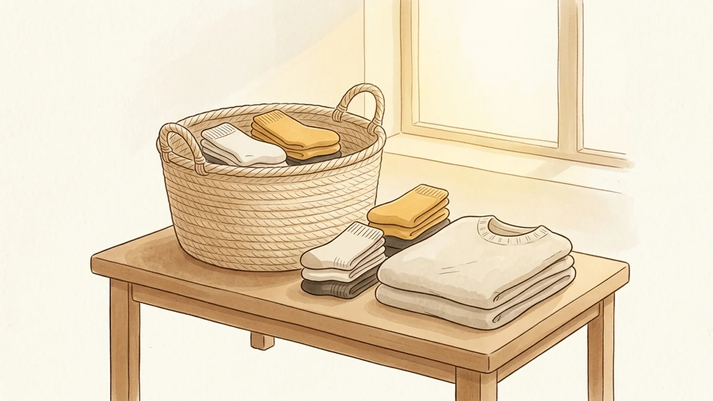 A wooden table set beside a window, holding a woven basket of folded socks, additional stacks of socks, and a folded sweater.