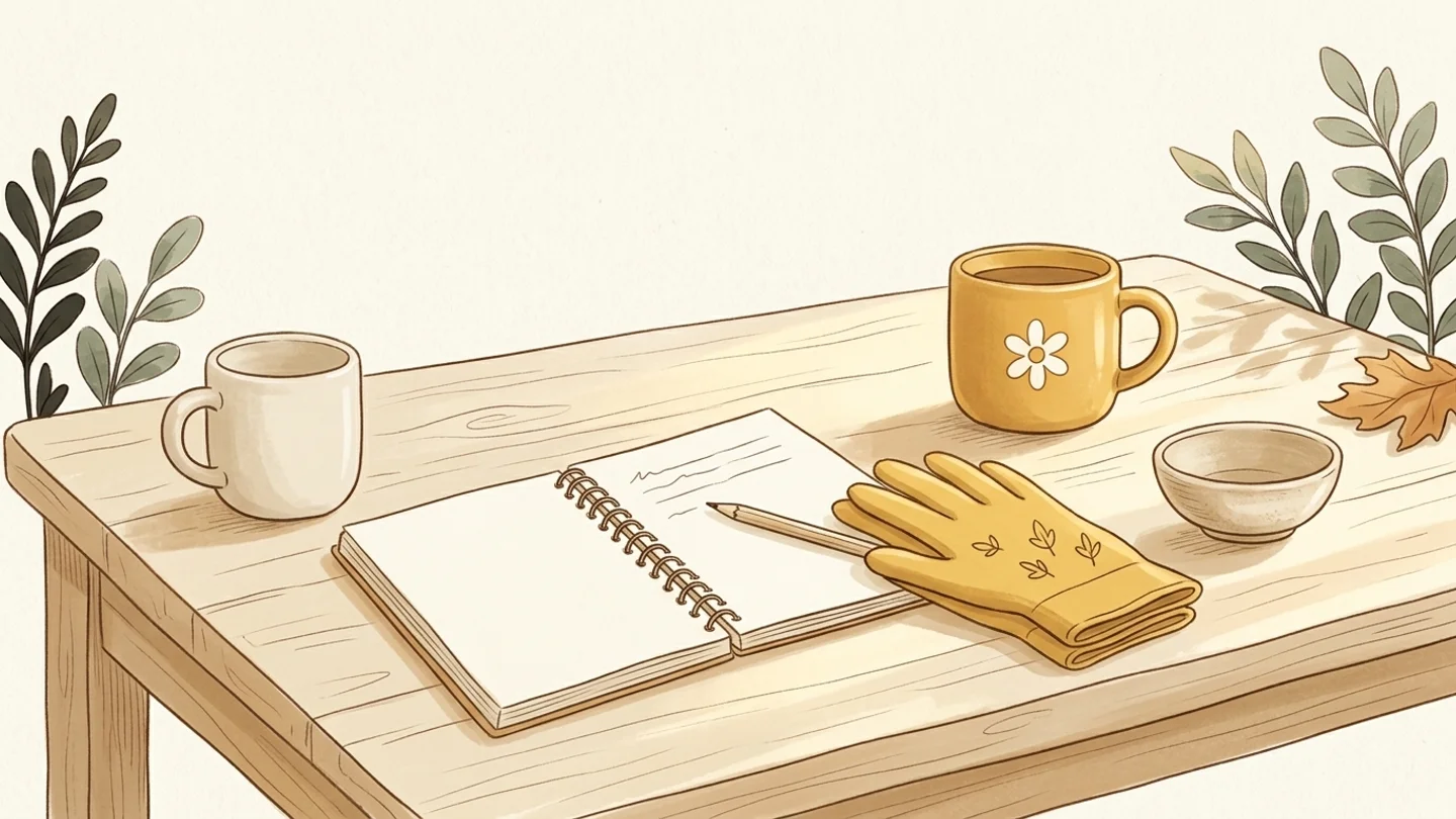 An open spiral notebook with a pencil resting on a wooden table, next to a yellow glove, a floral yellow mug, a white mug, and a small bowl.