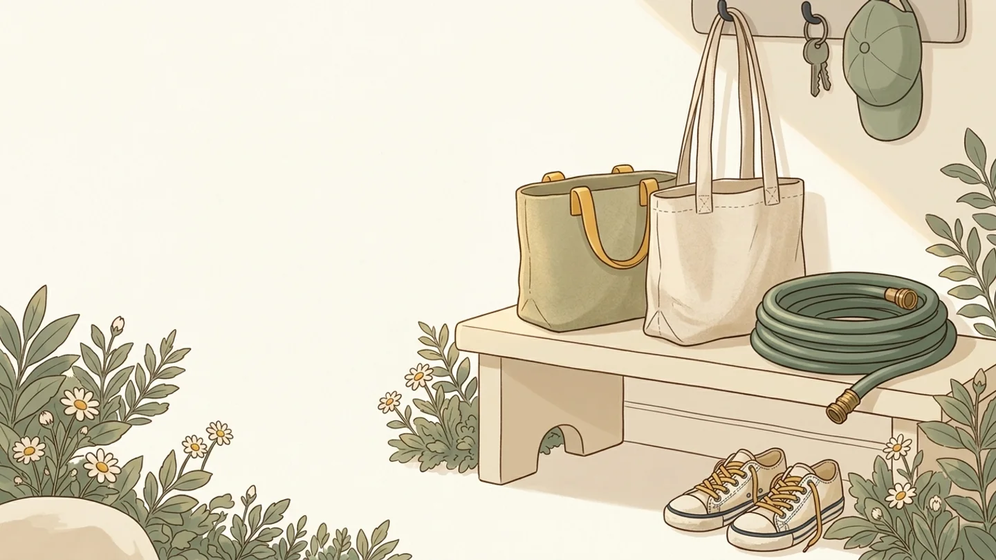 An illustration of an entryway bench holding tote bags and a coiled garden hose, with sneakers underneath and keys hanging above, surrounded by flowering plants.
