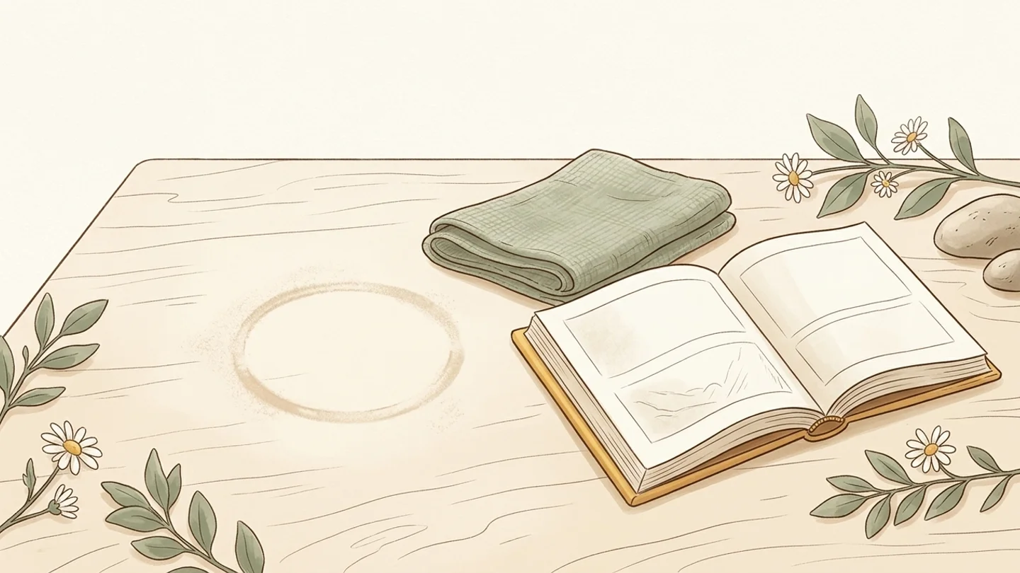An open book, a folded cloth, and a circular dust ring on a wooden tabletop with small flowers and stones around the edges.