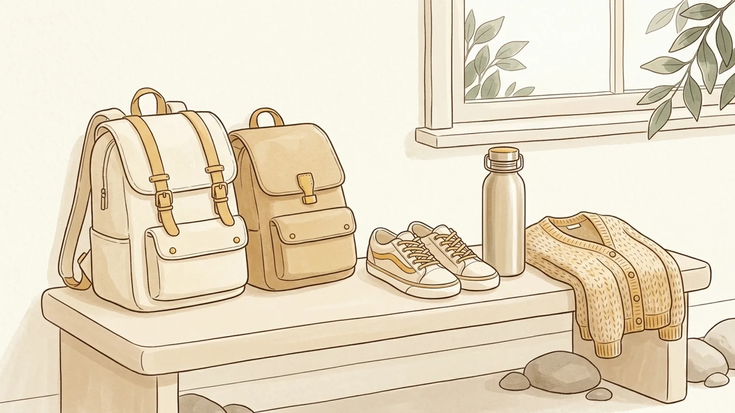 An illustration of two backpacks, a pair of sneakers, a water bottle, and a cardigan arranged on a low bench beneath a window.