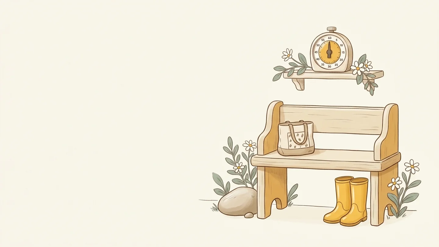 A small wooden bench holding a tote bag, next to yellow boots and a stone, below a shelf with a timer.