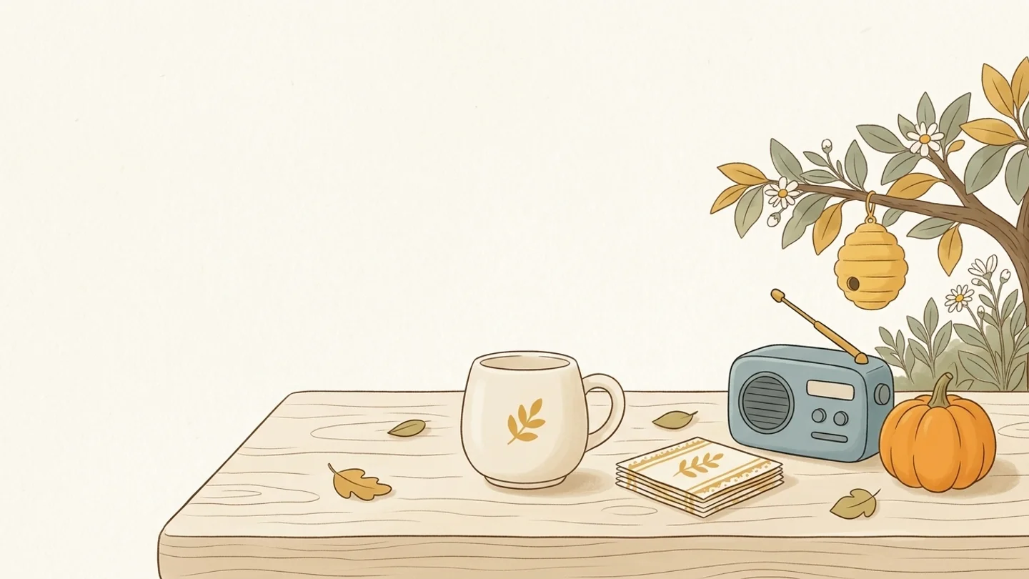 An illustration of a wooden tabletop holding a ceramic mug, a stack of coasters, a small blue radio, and a pumpkin beneath a branch with a beehive ornament.