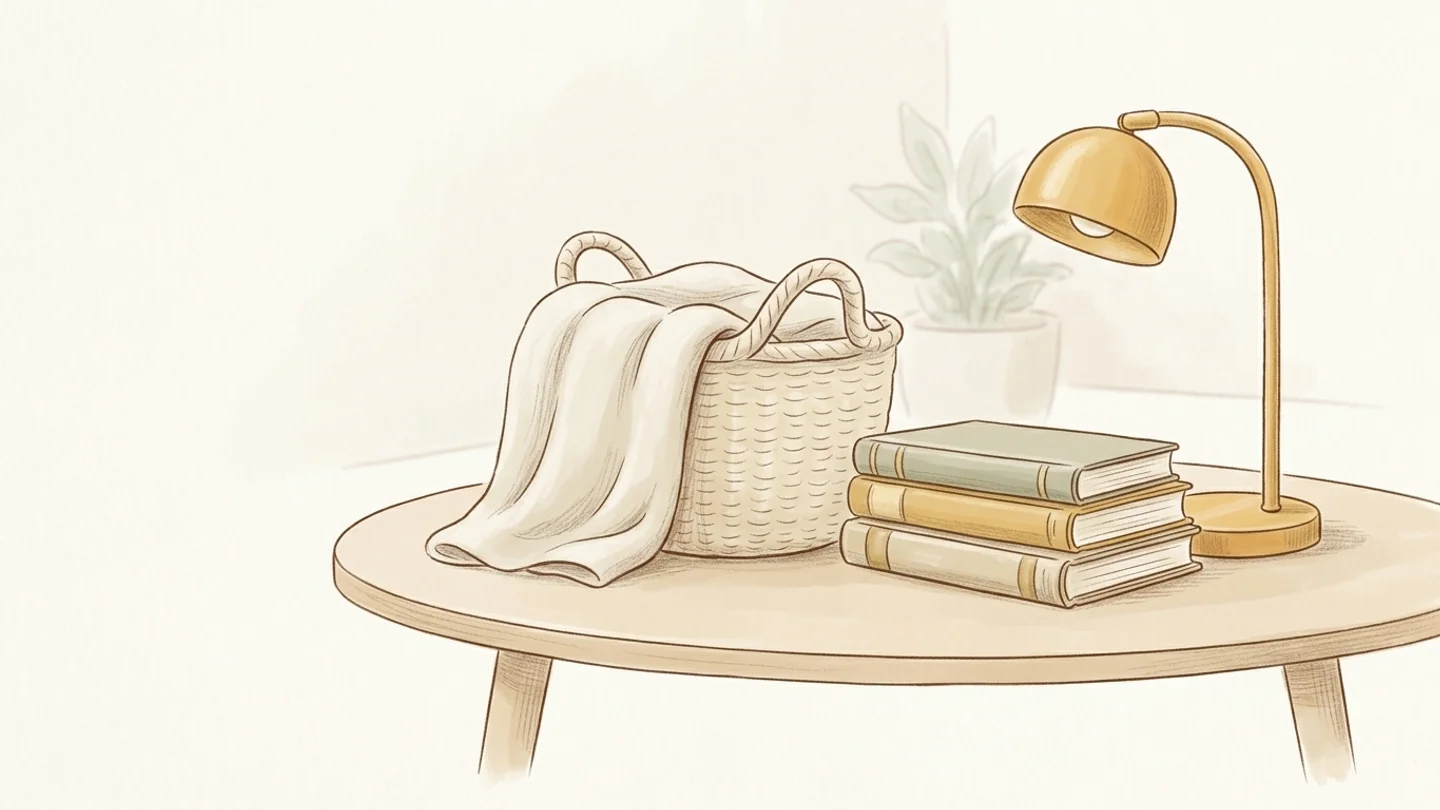 An illustration of a round table with a woven basket holding a blanket, a stack of three books, a desk lamp, and a potted plant in the background.
