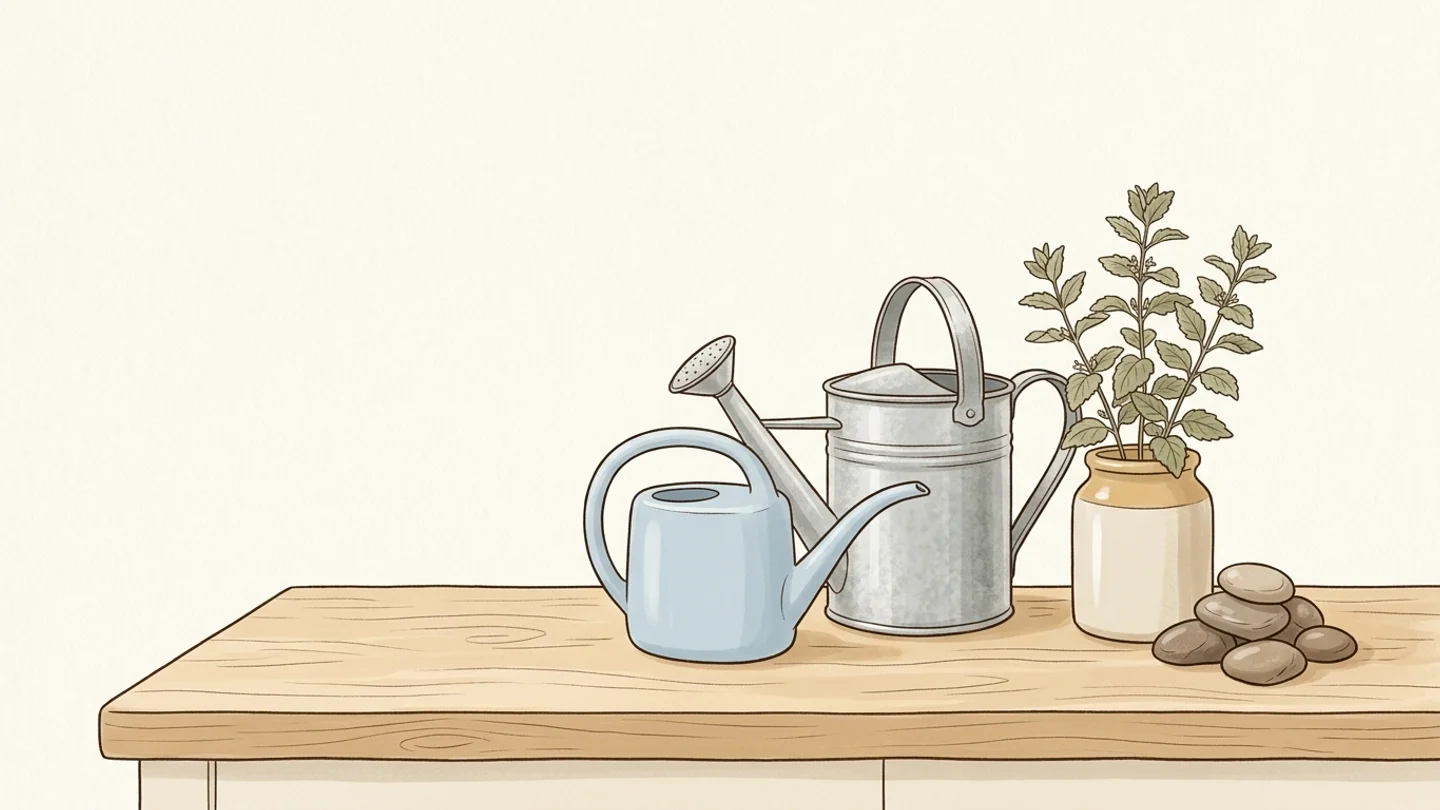 An illustration of a small blue watering can, a larger galvanized metal watering can, a potted plant, and a stack of smooth stones sitting on a wooden counter.