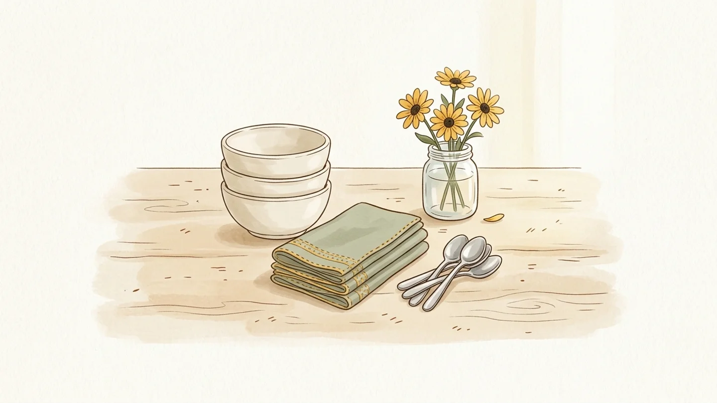 A stack of ceramic bowls, folded napkins, four spoons, and a small glass jar with yellow flowers on a wooden surface.