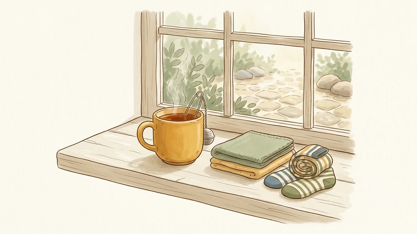 A steaming yellow mug with a tea infuser, a folded cloth, and rolled striped socks sitting on a wooden windowsill.